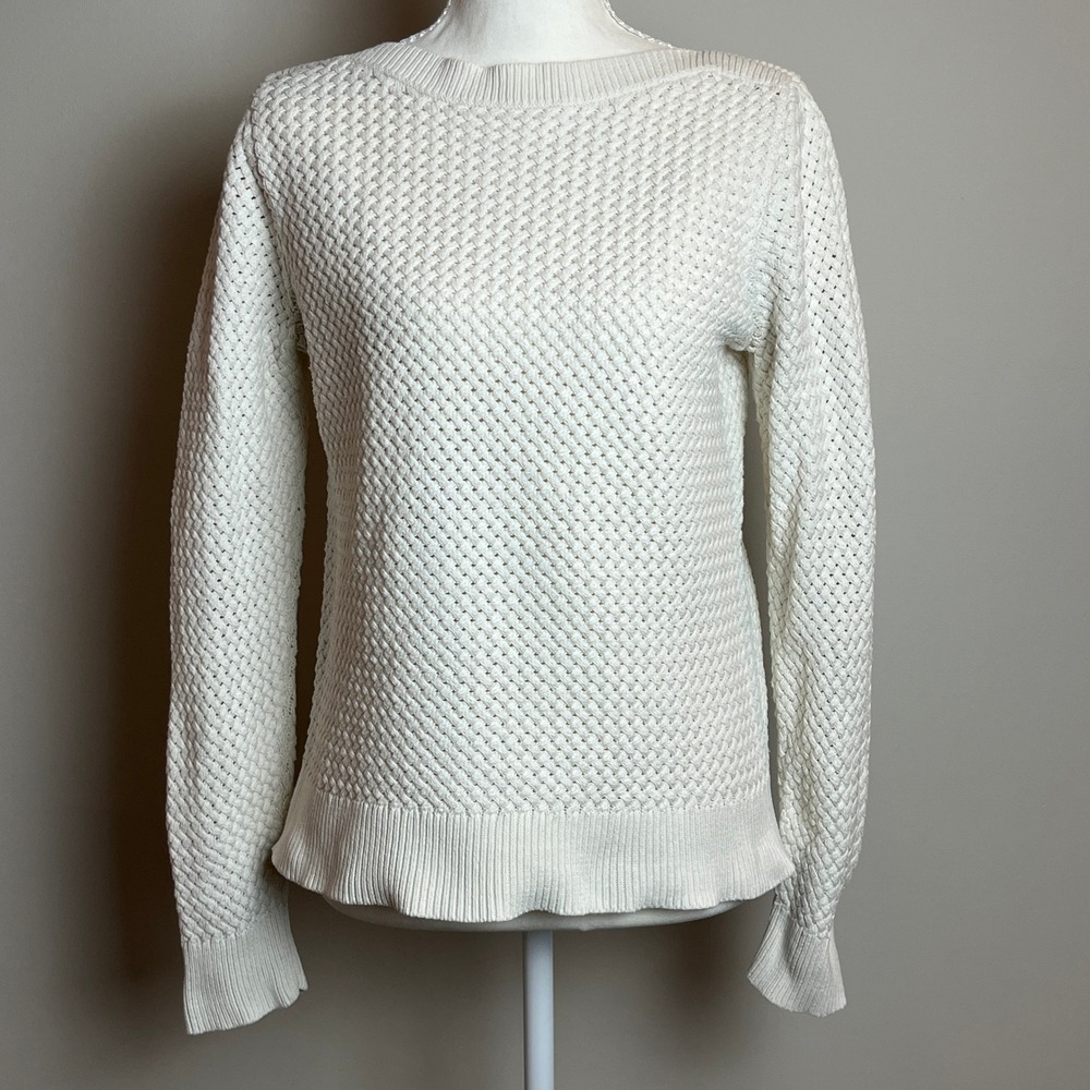 LL Bean Womens Cream White Textured Basketweave Knit Boat Neck Sweater Small